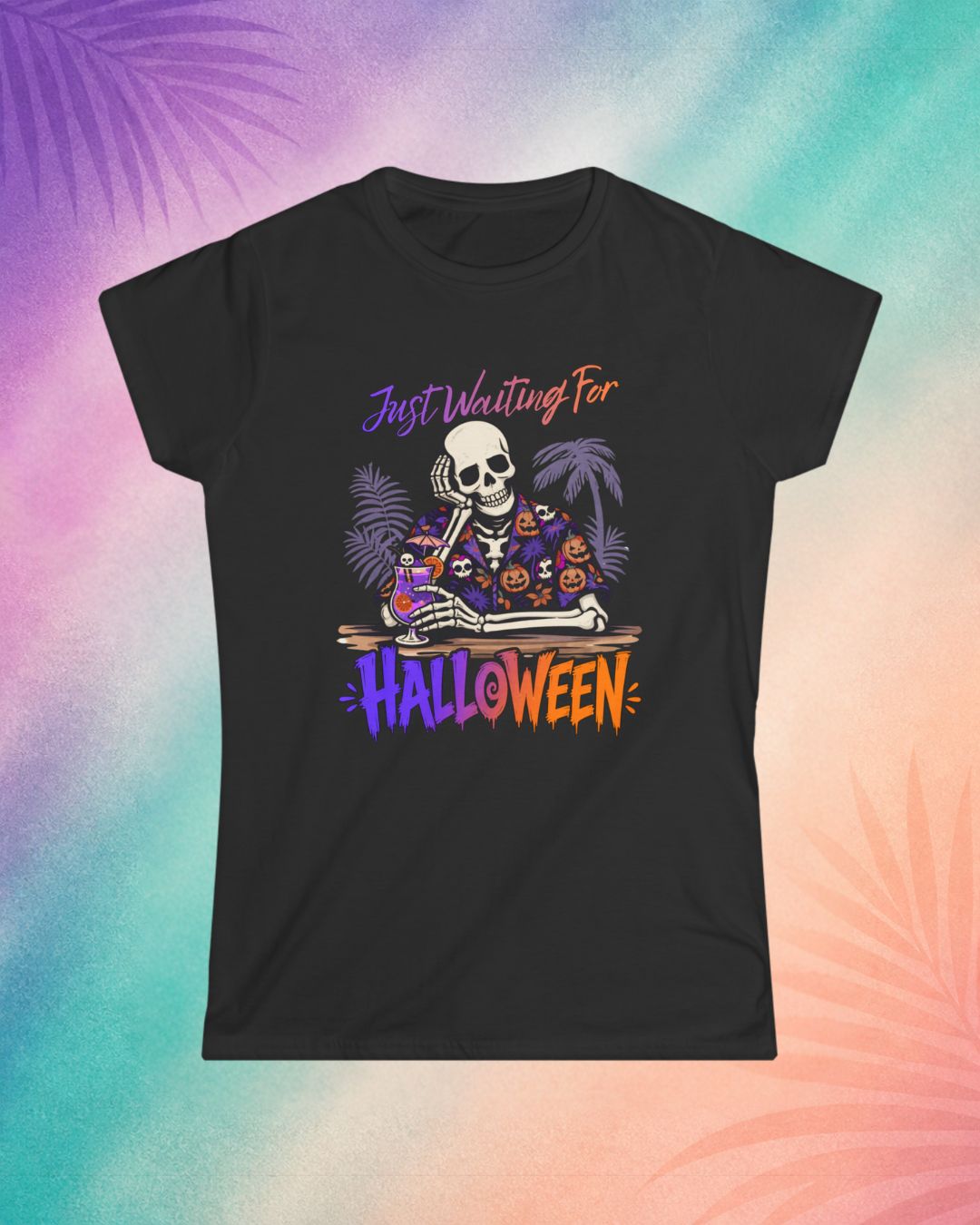 Black Summerween shirt with skeleton cocktail design and “Just Waiting for Halloween” text funny Halloween shirt for adults