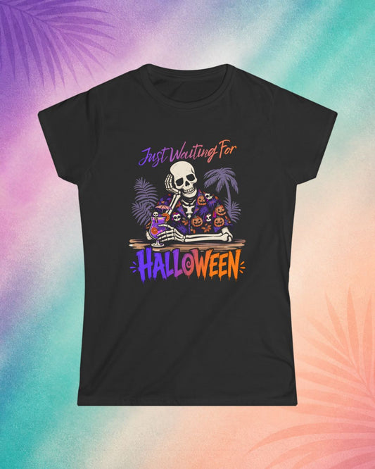 Black Summerween shirt with skeleton cocktail design and “Just Waiting for Halloween” text funny Halloween shirt for adults