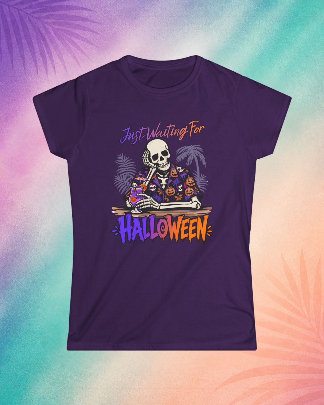 Purple Halloween t shirt with skeleton tropical design funny summerween clothing for women