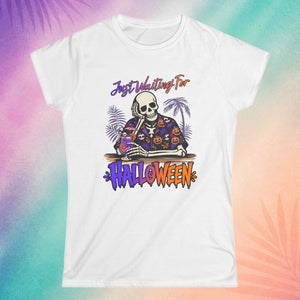 White funny Halloween shirt featuring skeleton cocktail design perfect for Summerween outfits and spooky summer style