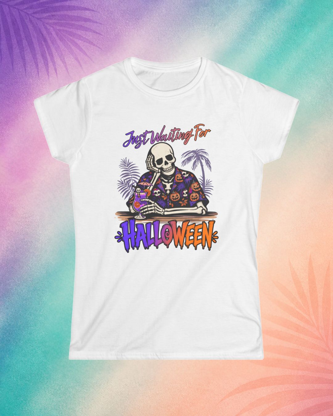 White funny Halloween shirt featuring skeleton cocktail design perfect for Summerween outfits and spooky summer style