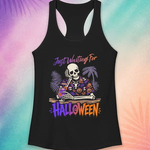 Black Halloween tank top with skeleton drinking cocktail design funny summerween shirt for women