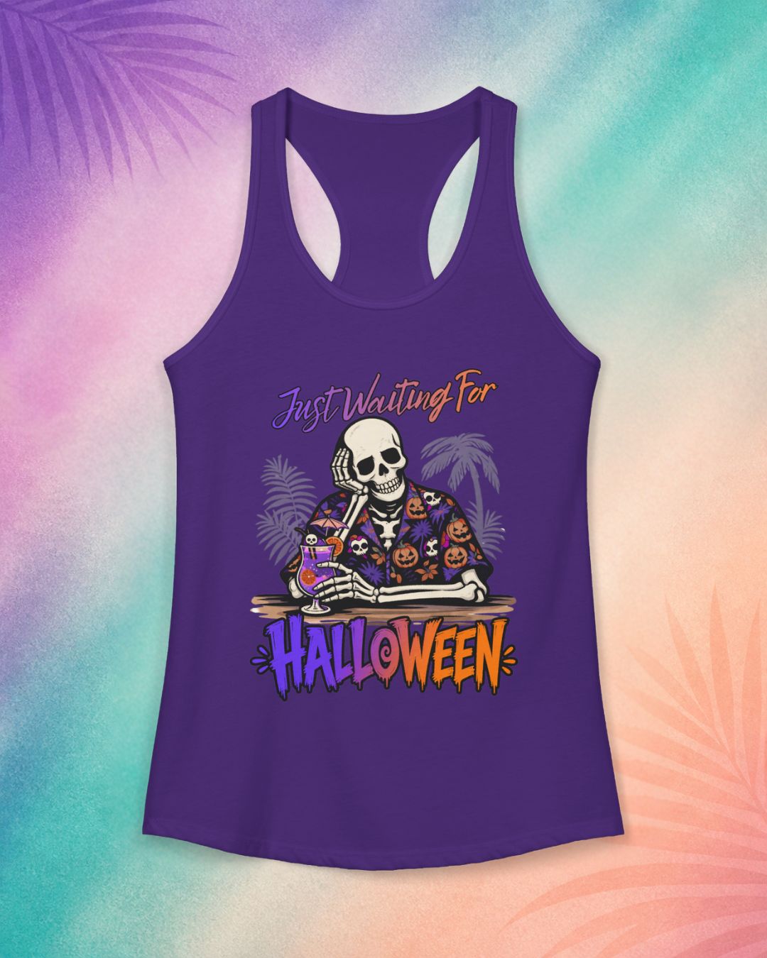 Purple summerween tank top with skeleton tropical Halloween design cute spooky summer outfit