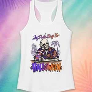 White funny Halloween tank top with skeleton cocktail graphic perfect for summerween aesthetic clothing