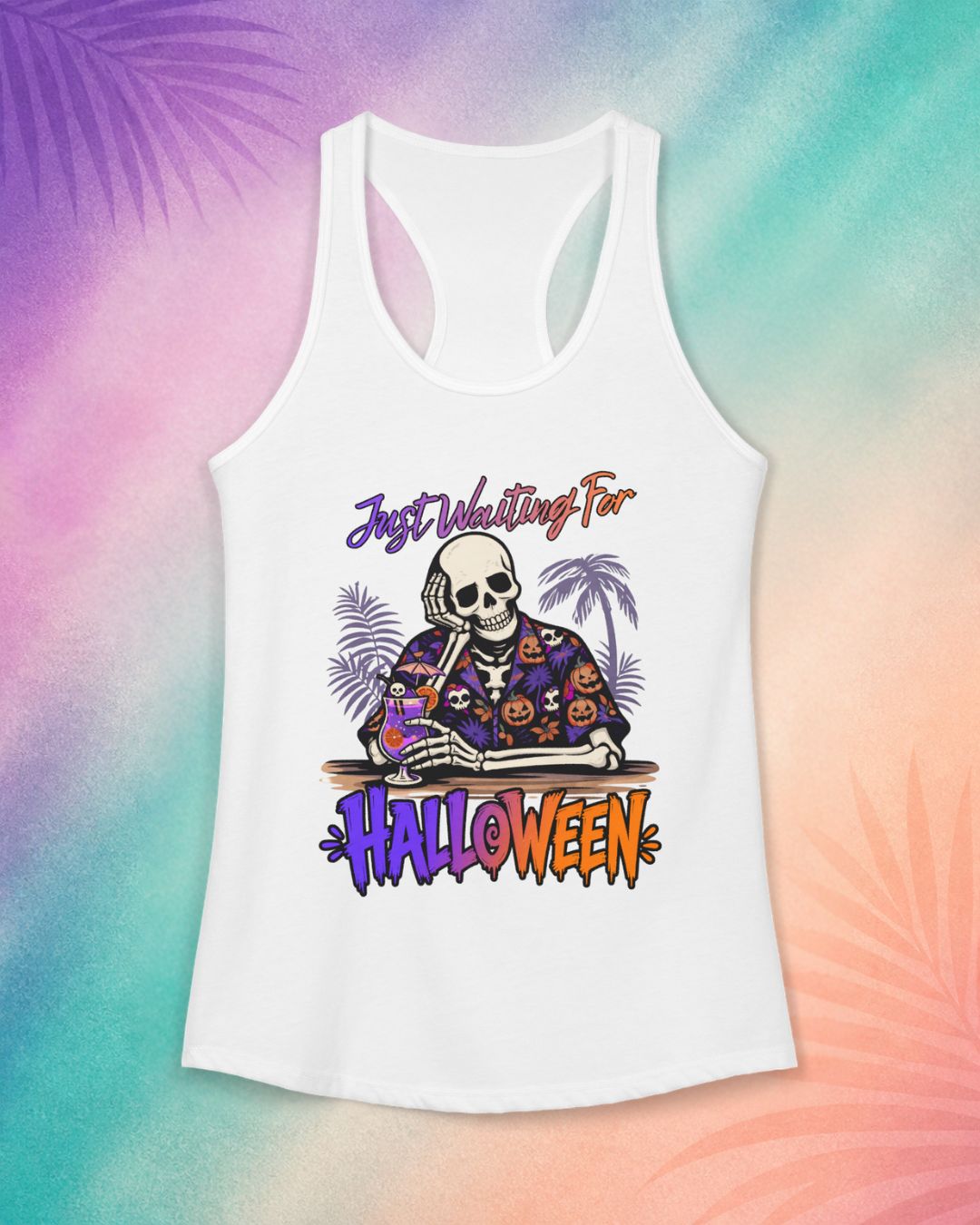 White funny Halloween tank top with skeleton cocktail graphic perfect for summerween aesthetic clothing