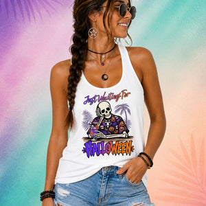Funny Halloween tank top for women featuring skeleton cocktail design with “Just Waiting for Halloween” text summerween outfit idea