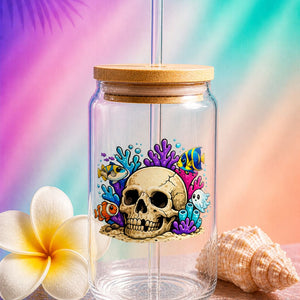 Summerween glass sipper cup with skull and coral design, 16 oz glass tumbler with straw, spooky summer aesthetic drinkware