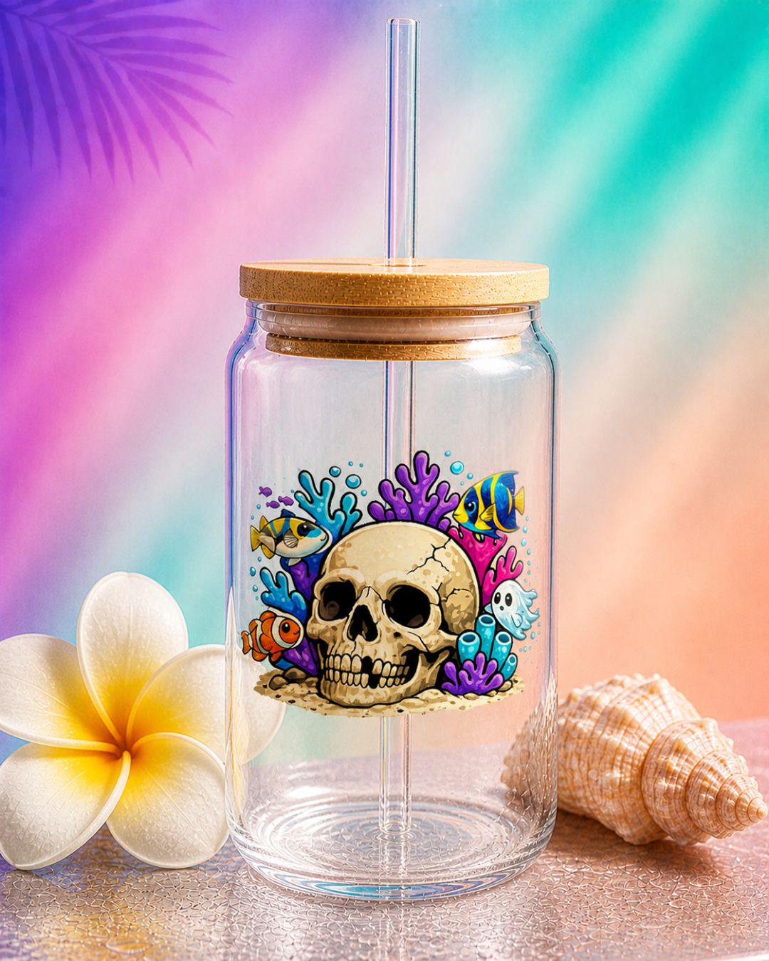 Summerween glass sipper cup with skull and coral design, 16 oz glass tumbler with straw, spooky summer aesthetic drinkware