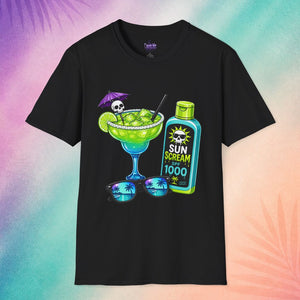 sun scream spf 1000 summerween shirt black funny halloween shirts for adults spooky t shirt tropical cocktail skull sunscreen design