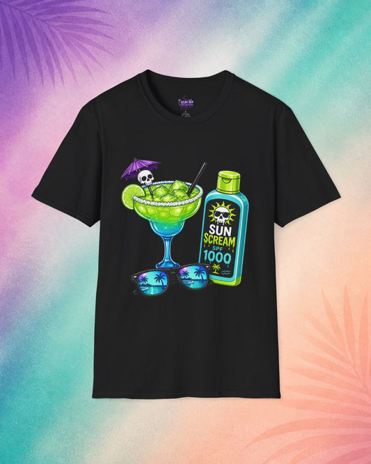 sun scream spf 1000 summerween shirt black funny halloween shirts for adults spooky t shirt tropical cocktail skull sunscreen design