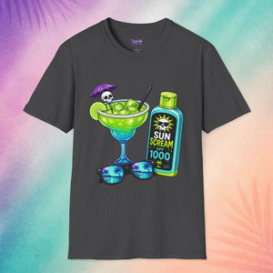 charcoal sun scream spf 1000 summerween shirt funny halloween shirt sayings spooky tropical cocktail sunscreen skull design