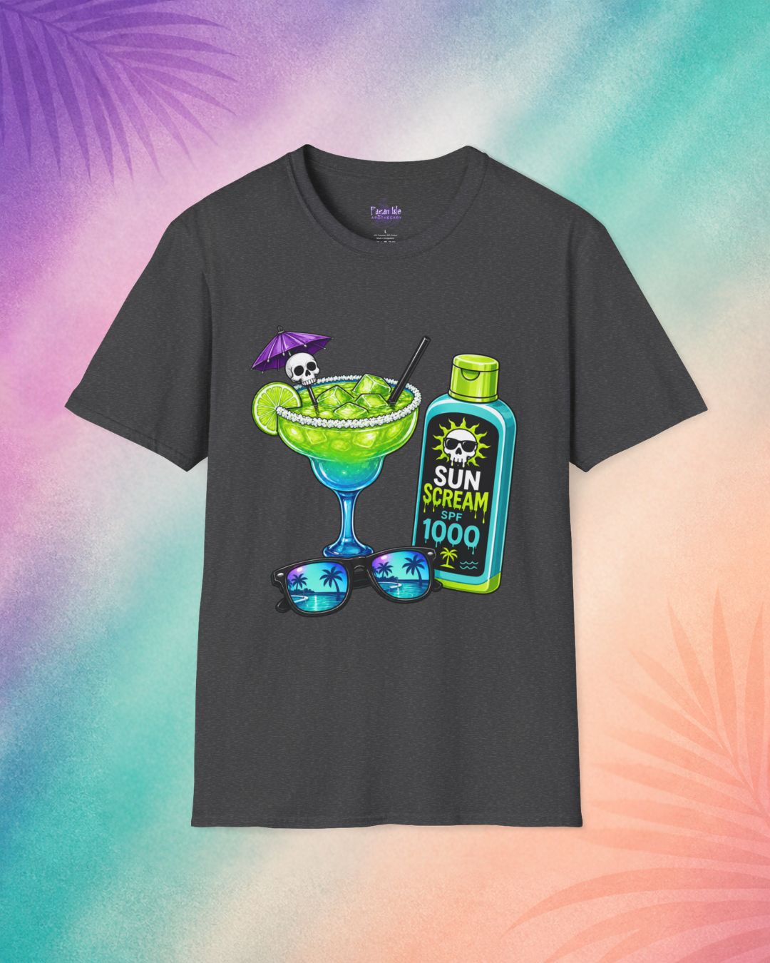 charcoal sun scream spf 1000 summerween shirt funny halloween shirt sayings spooky tropical cocktail sunscreen skull design