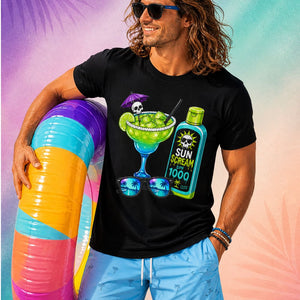 male model wearing sun scream spf 1000 summerween shirt funny halloween shirts for guys spooky tropical cocktail sunscreen design