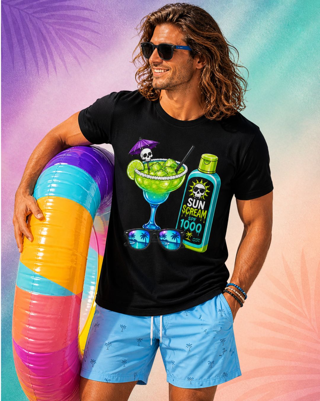 male model wearing sun scream spf 1000 summerween shirt funny halloween shirts for guys spooky tropical cocktail sunscreen design