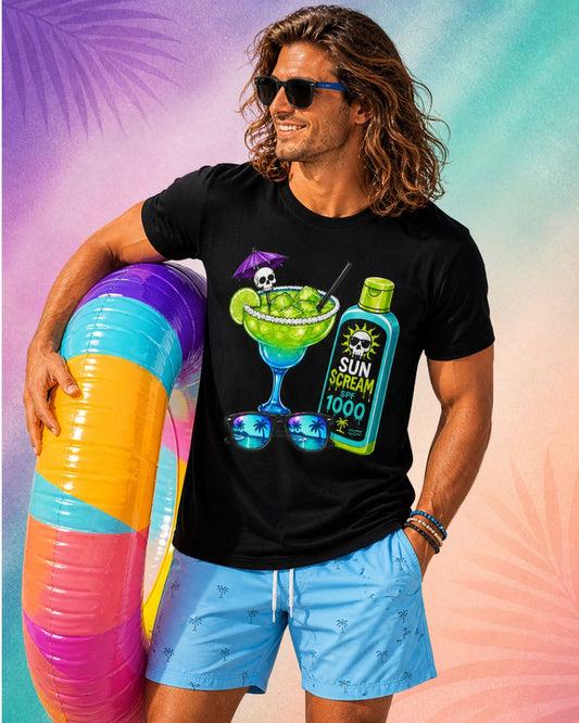 male model wearing sun scream spf 1000 summerween shirt funny halloween shirts for guys spooky tropical cocktail sunscreen design