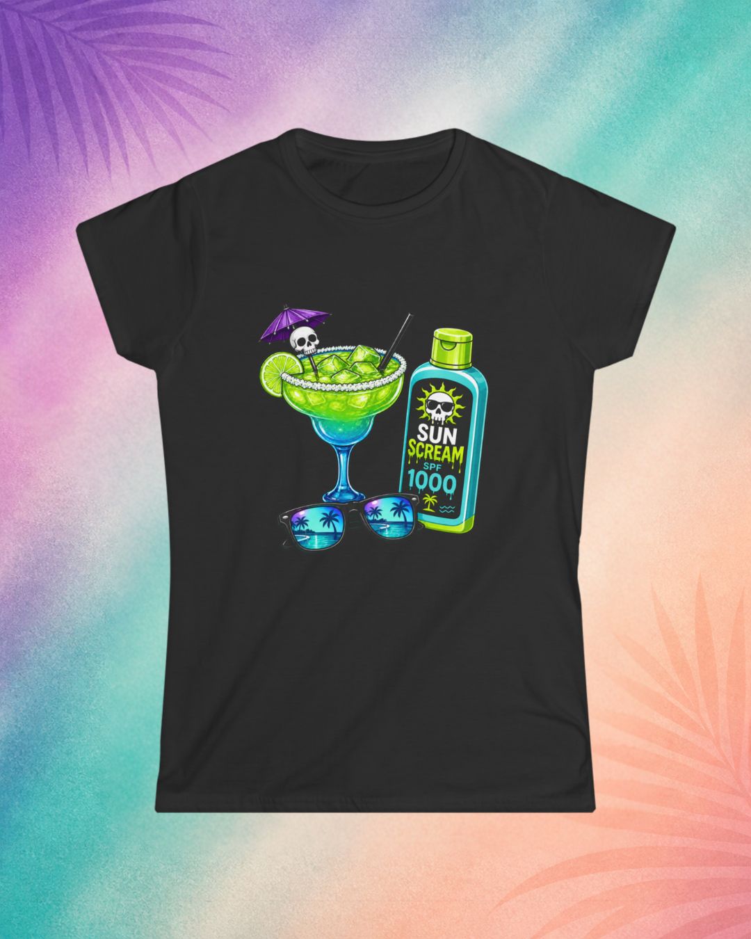 Black Halloween shirt with margarita skull drink and sunscreen design summerween aesthetic clothing