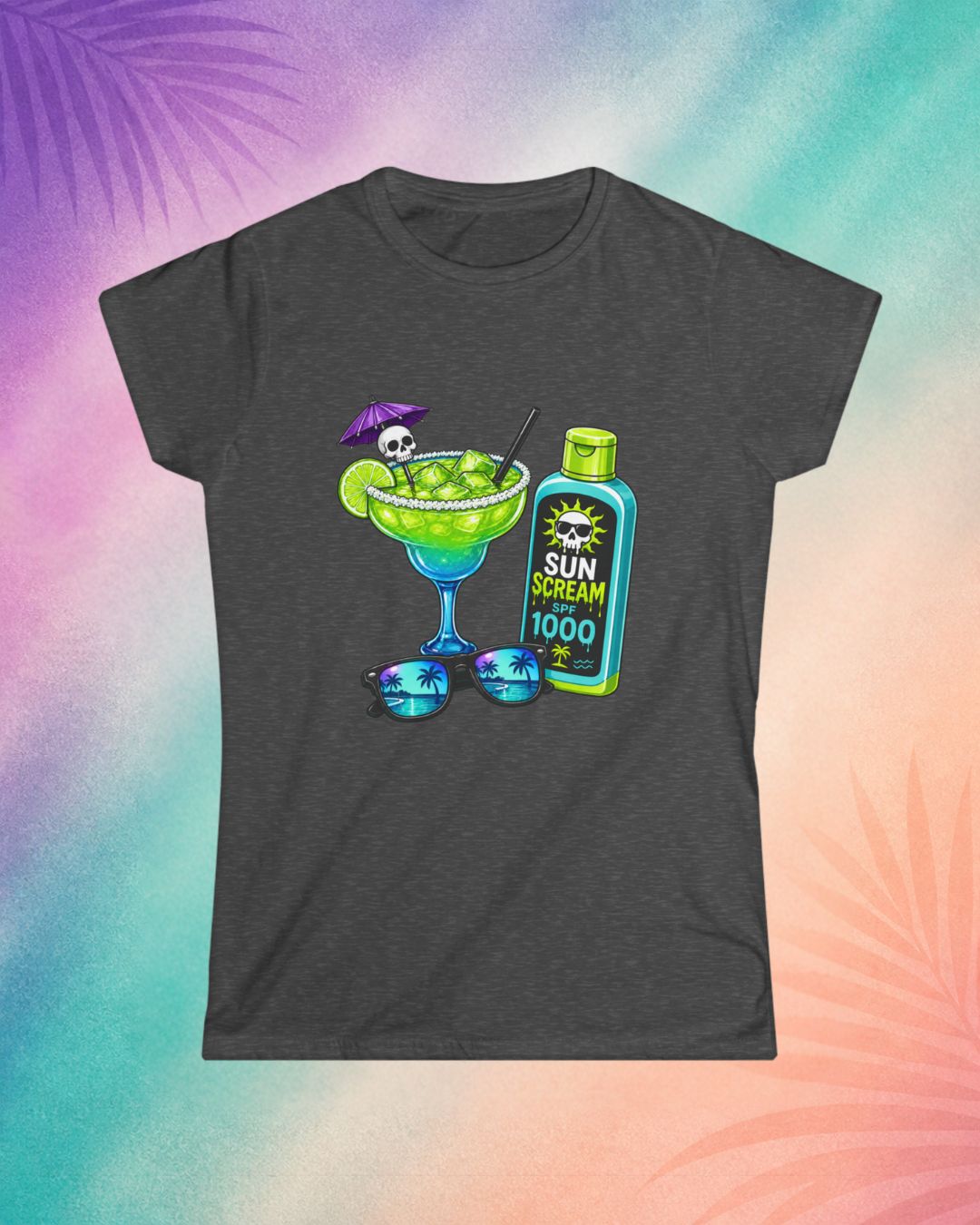 Dark grey funny Halloween shirt with spooky cocktail and sunscreen graphic summerween shirt for adults