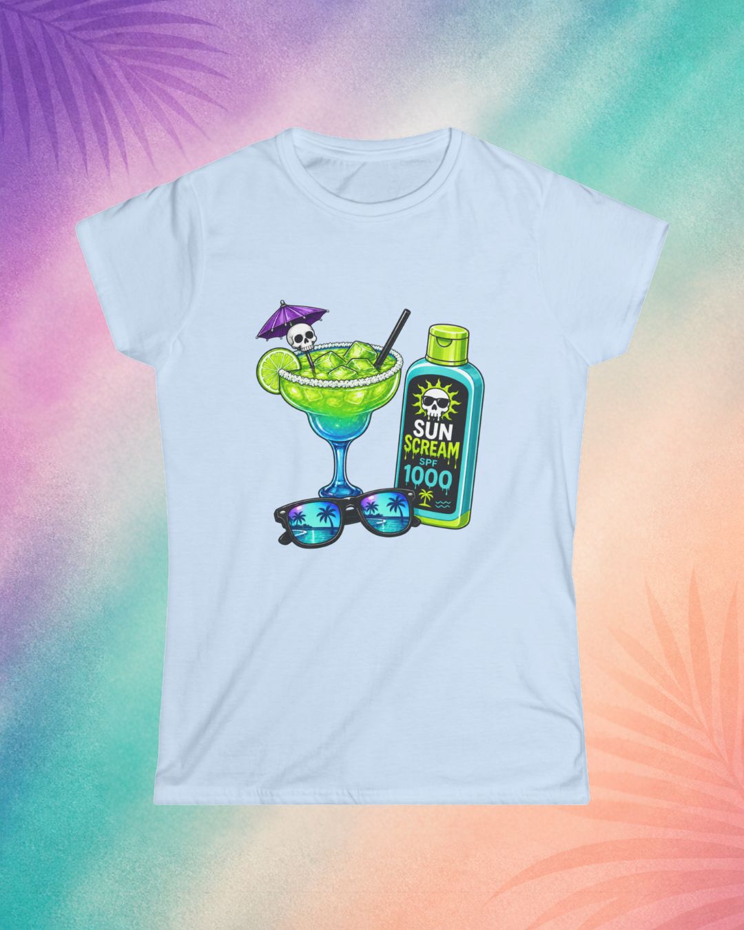 Light blue summerween shirt with margarita skull drink design cute spooky summer outfit idea