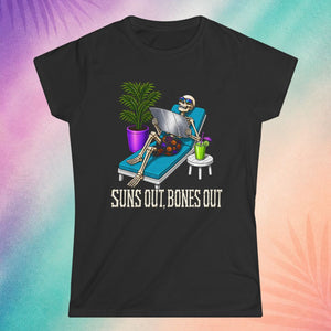 Black Halloween t shirt with skeleton sunbathing design funny spooky summerween shirt for adults