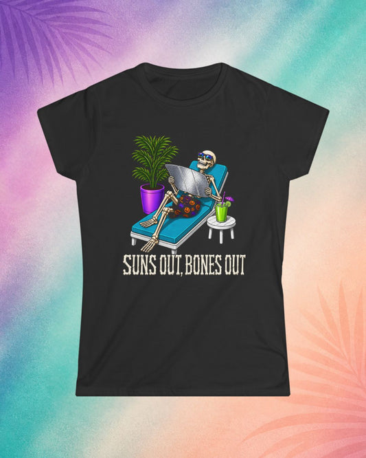 Black Halloween t shirt with skeleton sunbathing design funny spooky summerween shirt for adults