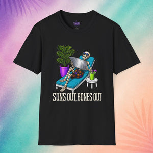 suns out bones out summerween shirt black funny halloween shirts for adults skeleton beach lounge spooky summer design