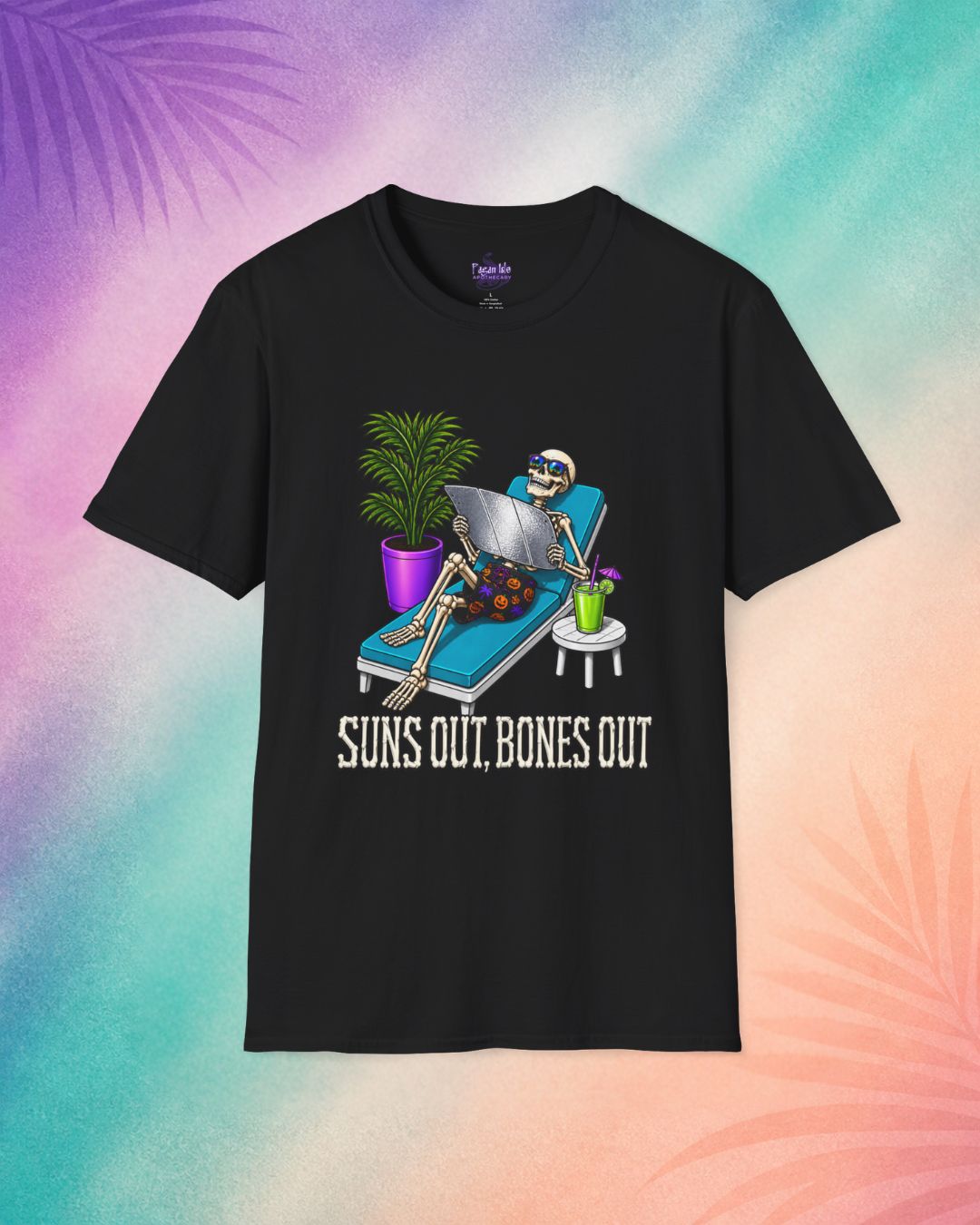 suns out bones out summerween shirt black funny halloween shirts for adults skeleton beach lounge spooky summer design