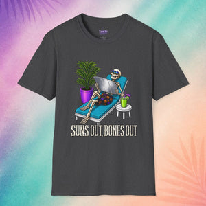 charcoal suns out bones out summerween shirt funny halloween shirt sayings skeleton lounging beach spooky design