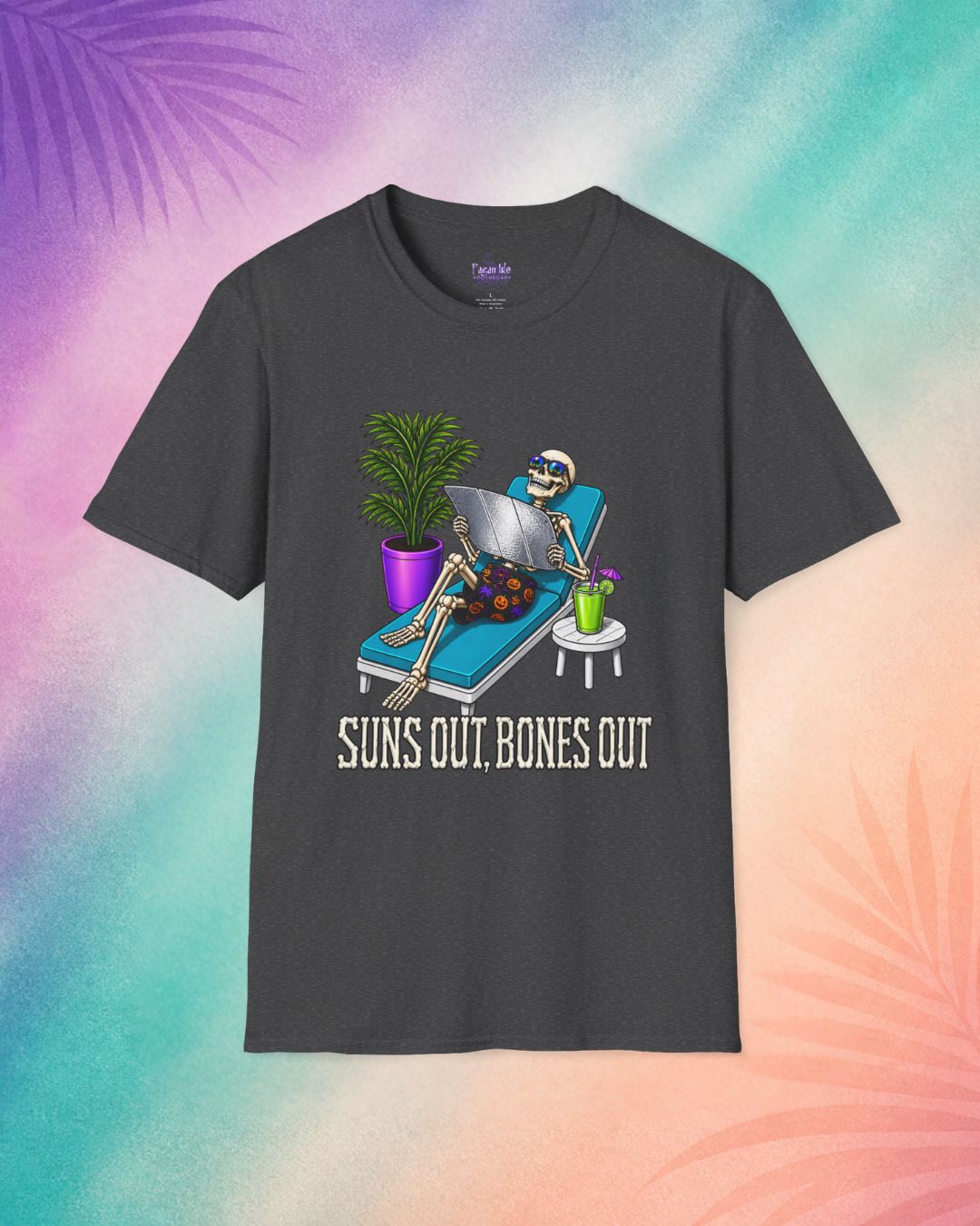 charcoal suns out bones out summerween shirt funny halloween shirt sayings skeleton lounging beach spooky design