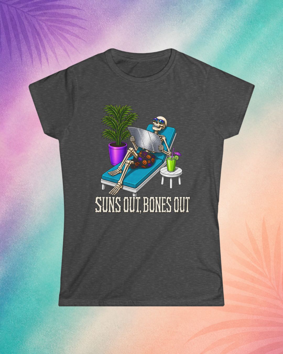 Grey Halloween t shirt with skeleton sunbathing design funny spooky summerween shirt for adults