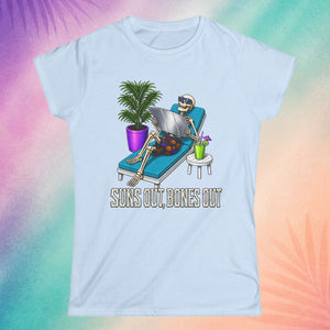 Light blue summerween shirt with skeleton lounging design cute spooky summer outfit idea for women