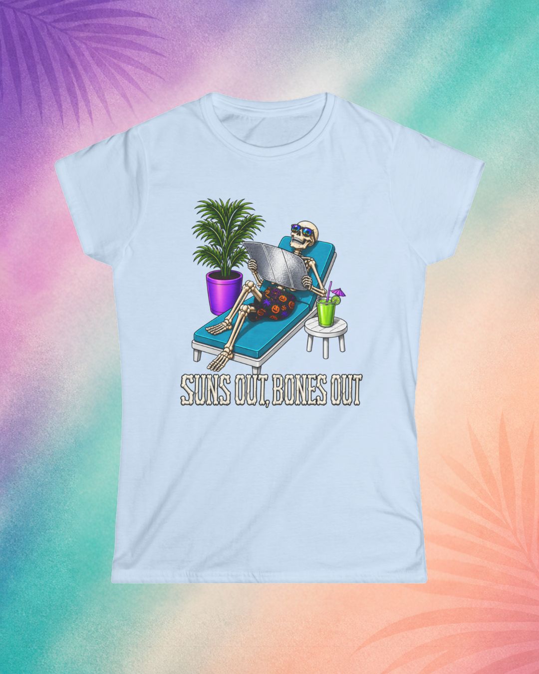 Light blue summerween shirt with skeleton lounging design cute spooky summer outfit idea for women