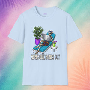 light blue suns out bones out summerween shirt spooky t shirt halloween funny shirts skeleton beach chair summer design