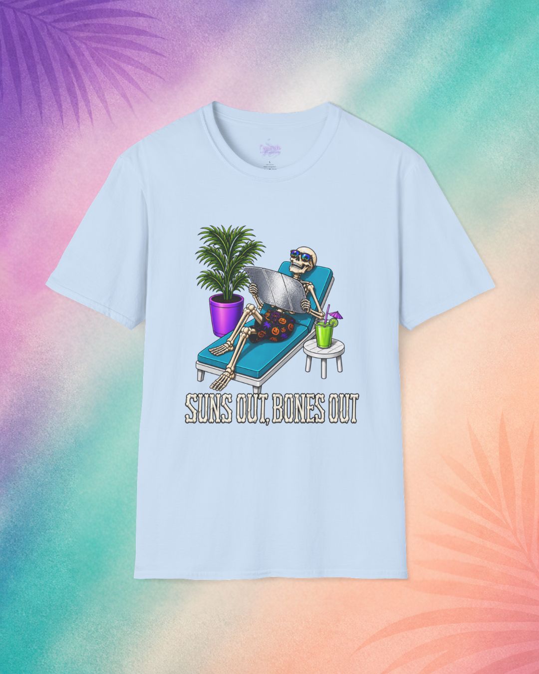 light blue suns out bones out summerween shirt spooky t shirt halloween funny shirts skeleton beach chair summer design