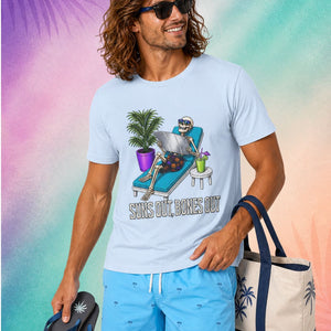 male model wearing suns out bones out summerween shirt funny halloween shirts for guys skeleton lounging beach spooky summer design
