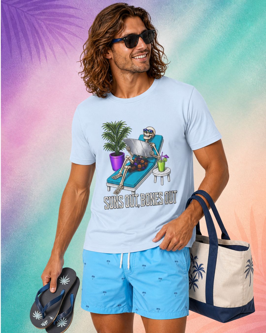 male model wearing suns out bones out summerween shirt funny halloween shirts for guys skeleton lounging beach spooky summer design