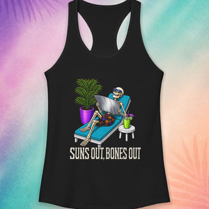 Black Halloween tank top with skeleton sunbathing graphic suns out bones out funny spooky summer shirt