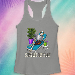 Grey funny Halloween tank top with skeleton lounging design summerween aesthetic clothing for women
