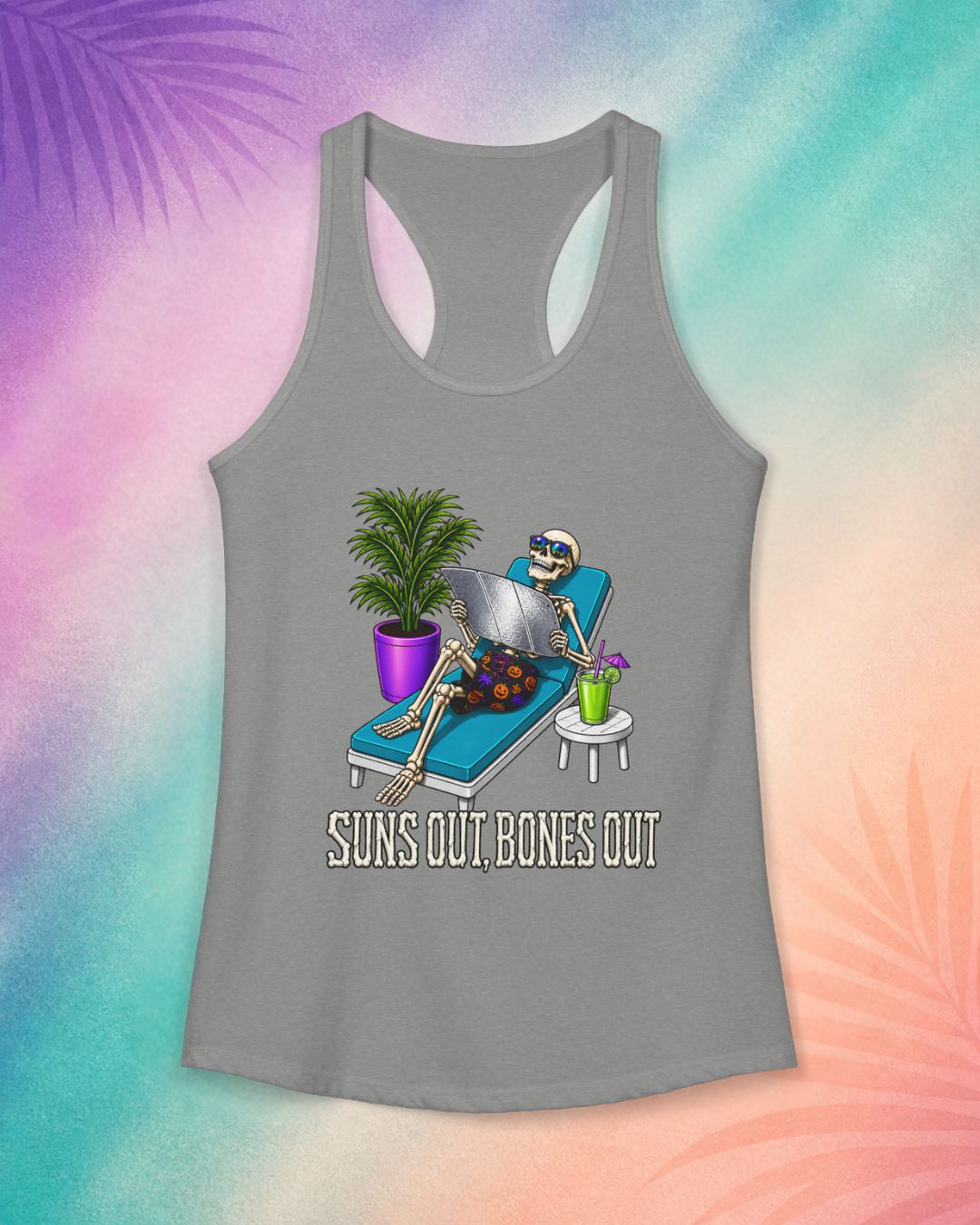 Grey funny Halloween tank top with skeleton lounging design summerween aesthetic clothing for women
