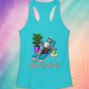 Teal summerween tank top with skeleton sunbathing design cute spooky beach outfit idea