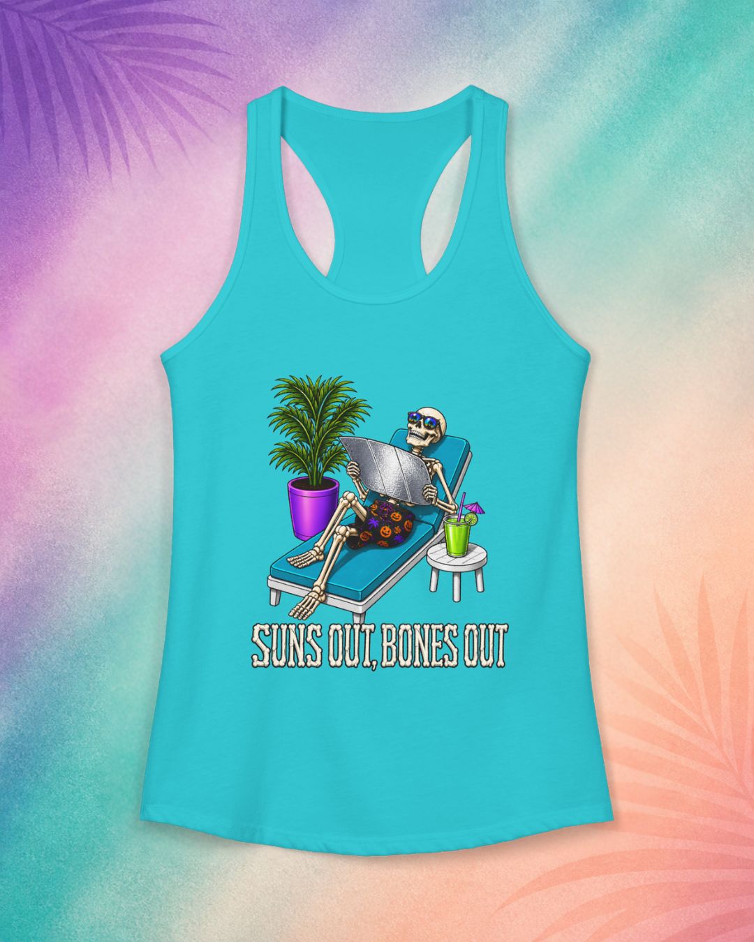 Teal summerween tank top with skeleton sunbathing design cute spooky beach outfit idea