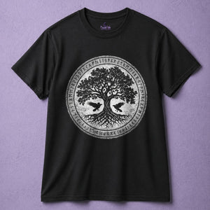 Tree of life shirt for men with norse rune circle design on black t shirt, viking aesthetic and pagan clothing