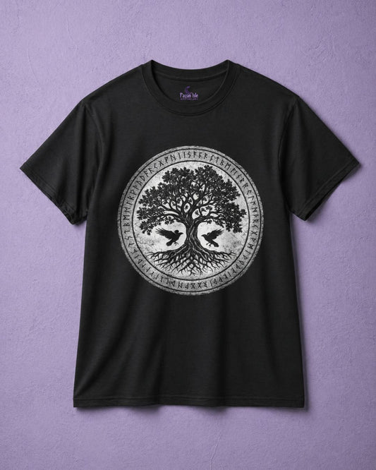 Tree of life shirt for men with norse rune circle design on black t shirt, viking aesthetic and pagan clothing