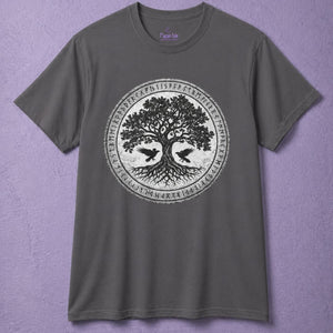 Grey tree of life shirt for men with rune circle design, pagan clothing and symbolic viking aesthetic shirt