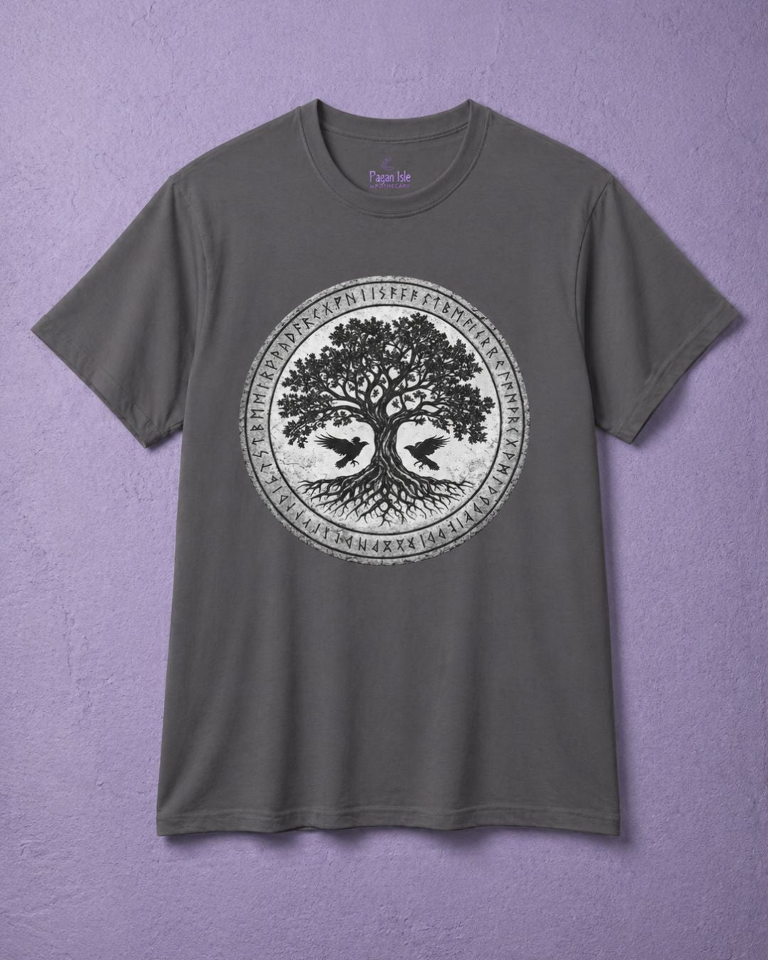 Grey tree of life shirt for men with rune circle design, pagan clothing and symbolic viking aesthetic shirt