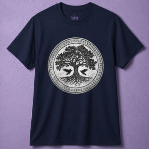 Navy tree of life shirt with norse rune circle design, pagan clothing for men with viking aesthetic