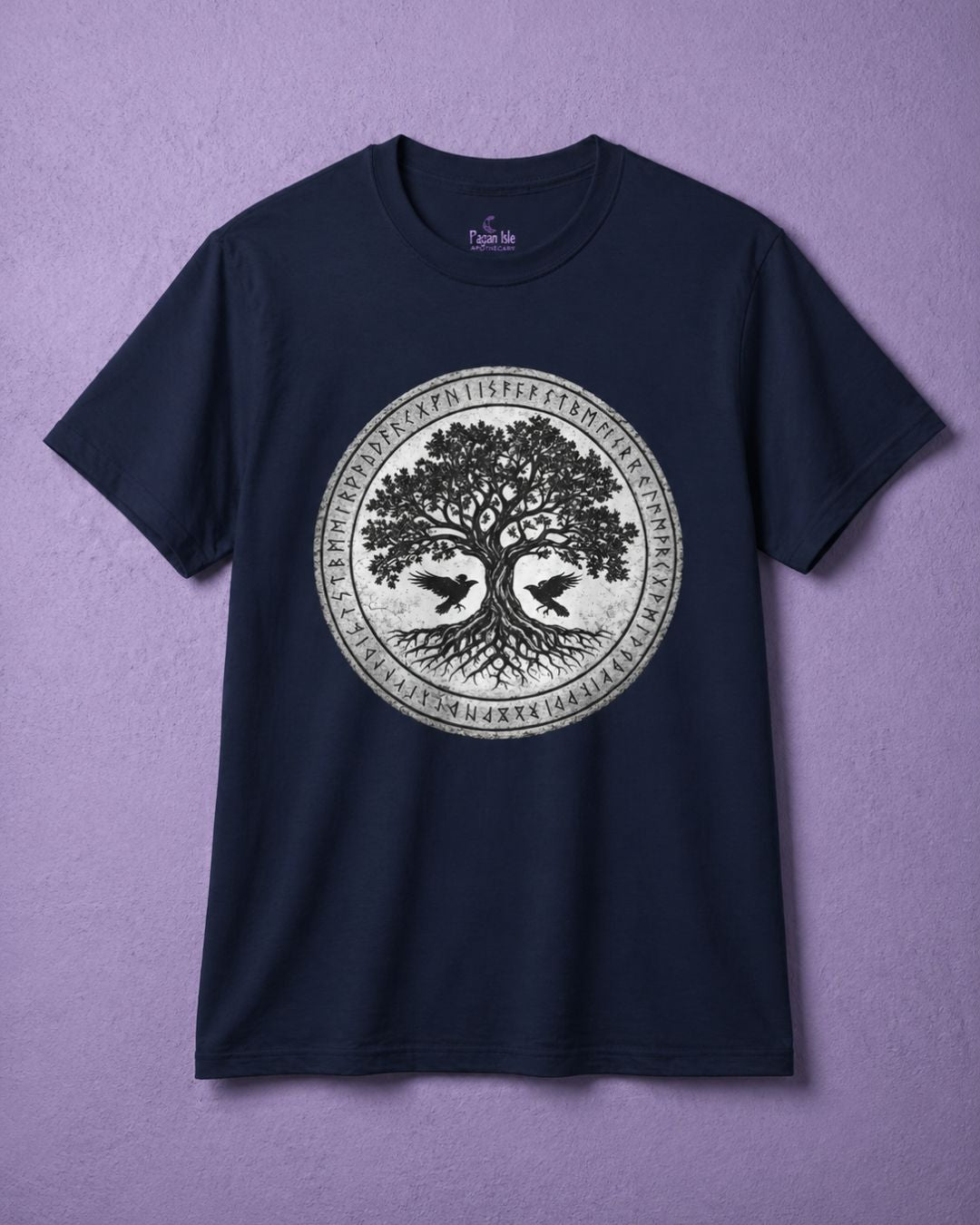 Navy tree of life shirt with norse rune circle design, pagan clothing for men with viking aesthetic