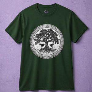 Green tree of life shirt with norse rune design, pagan clothing for men with viking aesthetic style