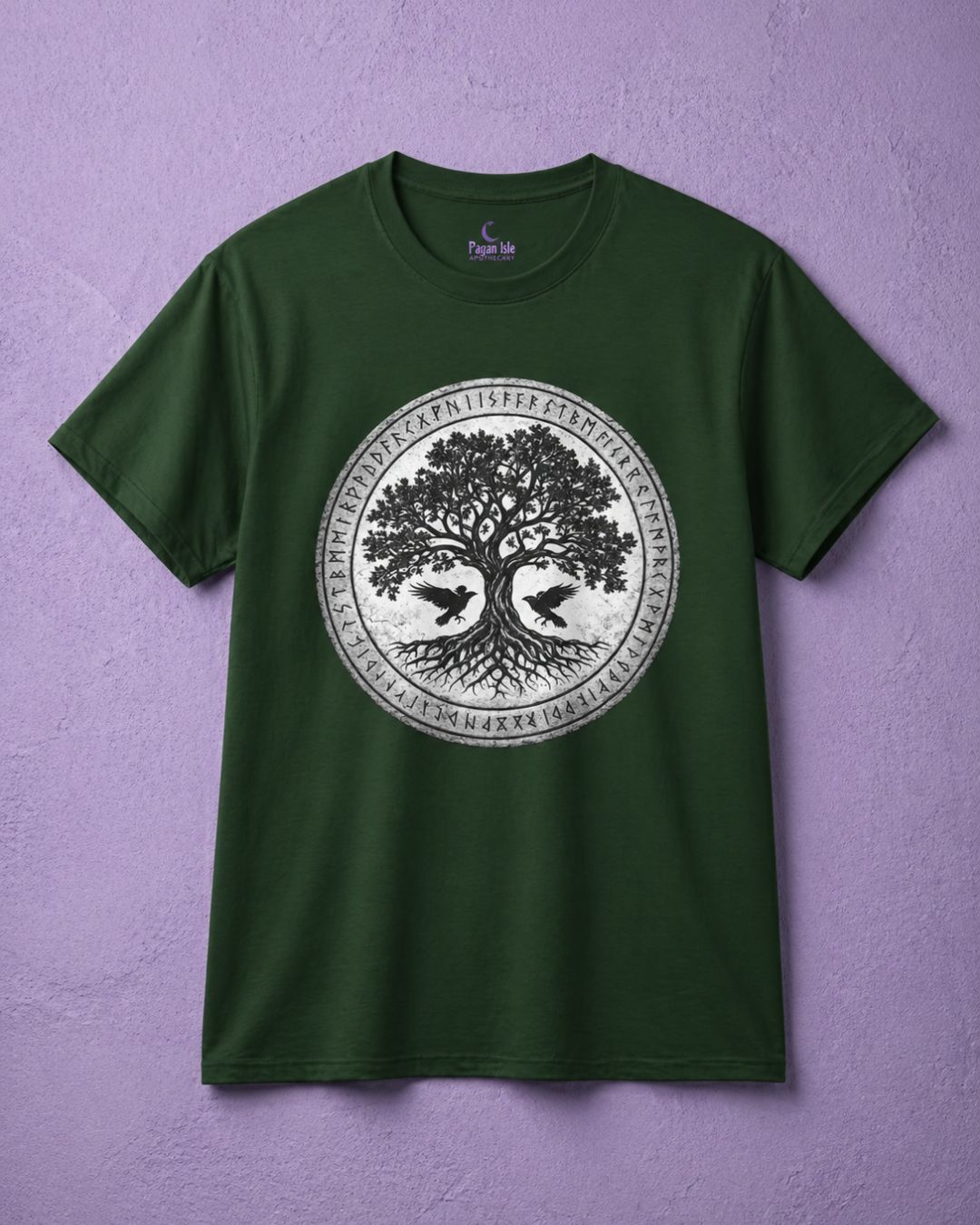 Green tree of life shirt with norse rune design, pagan clothing for men with viking aesthetic style