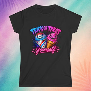 Black Halloween t shirt with colorful neon spooky ice cream graphic and “Trick or Treat Yourself” slogan