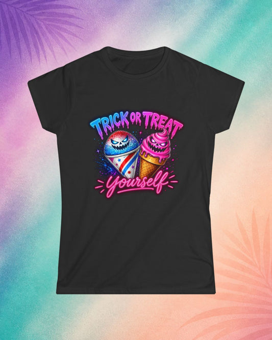 Black Halloween t shirt with colorful neon spooky ice cream graphic and “Trick or Treat Yourself” slogan